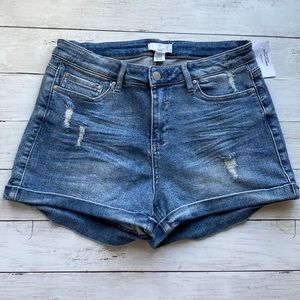 Women’s Distressed Medium Blue High Waist Denim Jean Shorts Cuffed Hem Sz 11